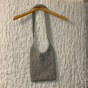 Crocheted Bag: Grey With Silver Threads, Fully Lined, Interior Zippered Pocket